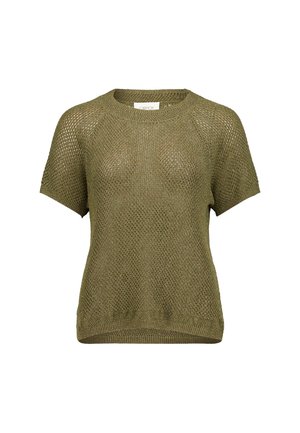 Short-sleeve olive green knit sweater with a loose, open-weave mesh pattern and round neckline.