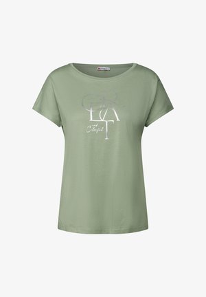 Oliwkowa koszulka z krótkim rękawem z miękkiego materiału z metalicznie srebrnym nadrukiem z napisem "Wielki i Kolorowy" z przodu.