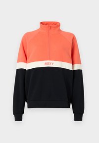 Felpa con zip in corallo, bianco e blu navy. Presenta polsini a costine, maniche raglan e il logo Roxy sul petto. Tessuto morbido.