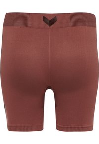 Stretchy, seamless maroon cycling shorts with ribbed waistband and legs, featuring a small black chevron design on the back waistband.