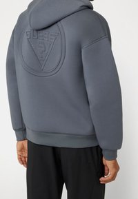 Sudadera con capucha gris que presenta un logo en relieve en la parte trasera, puños acanalados y dobladillo. Fabricada con una tela suave de textura lisa.