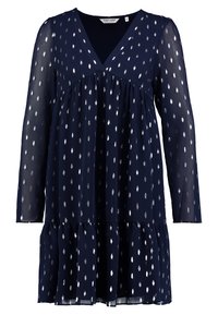 Marineblauwe jurk met lange mouwen, V-hals, gelaagde zoom en zilverkleurige bladmotieven. Gemaakt van lichtgewicht, halfdoorzachte stof.