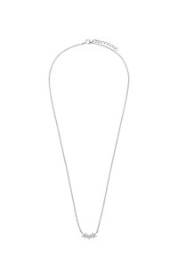 Zilveren ketting met een centraal bloemcluster-ontwerp met heldere edelstenen, dat een delicate textuur en een verstelbare sluiting heeft.