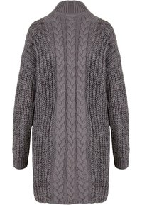 Cardigan en tricot gris avec des motifs en oreilles de chat au centre et un tricot texturé sur les manches et les côtés, doté d'un col montant.