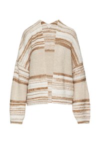 Gebreide cardigan in crème en beige, met horizontale strepen. Open voorkant, lange mouwen en een textuurafwerking.