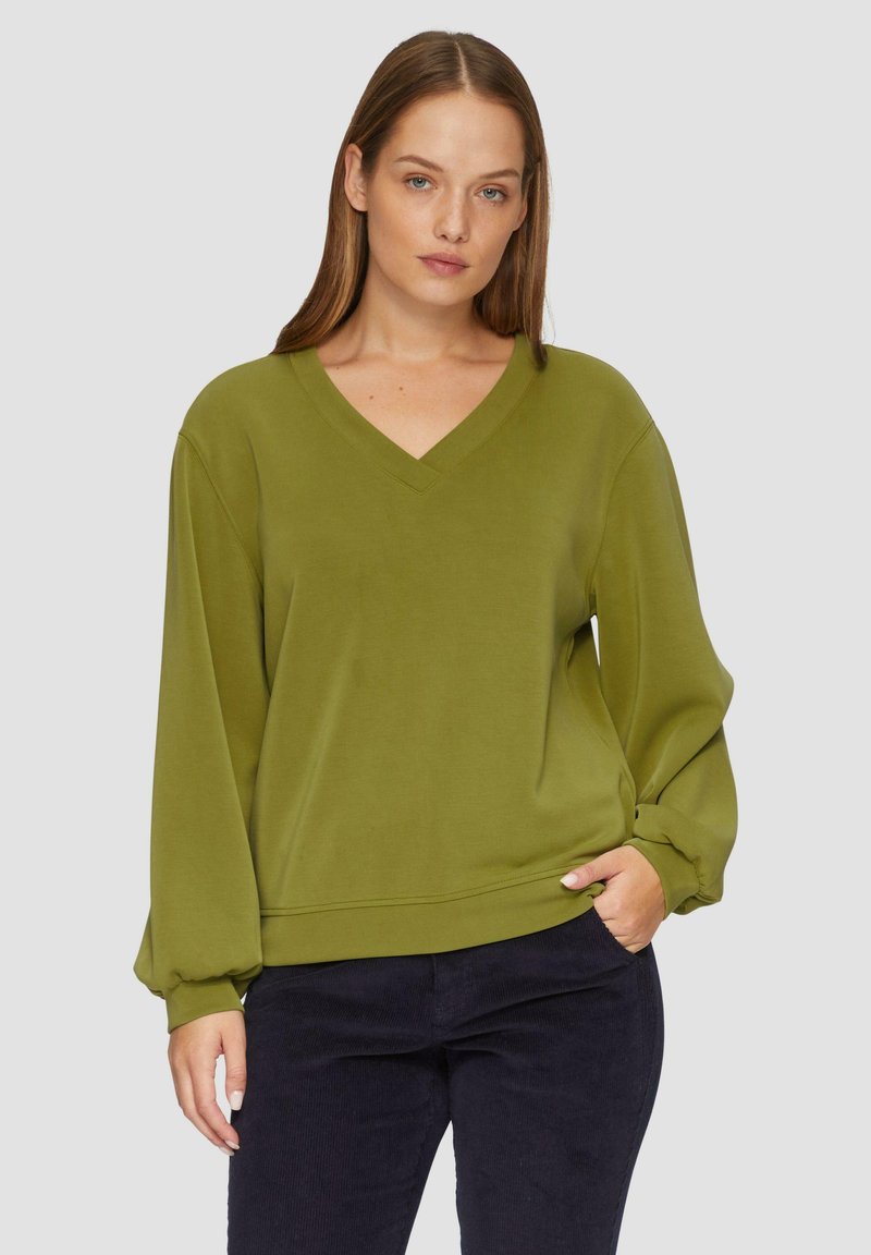 Olivgrünes V-Ausschnitt-Sweatshirt mit langen, gerafften Ärmeln, aus weichem Stoff. Ribbed Saum und Bündchen, lockere Passform, geeignet für legere Outfits.