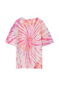 Koszulka z krótkim rękawem i okrągłym dekoltem, z wzorem nawiązującym do wiru tie-dye w odcieniach różu i pomarańczy na białym tle. Wykonana z lekkiej bawełny.