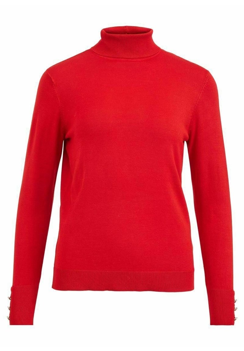 Pull à col roulé rouge en tissu tricoté doux. Comprend des manches longues avec des détails de boutons aux poignets et une coupe ajustée.