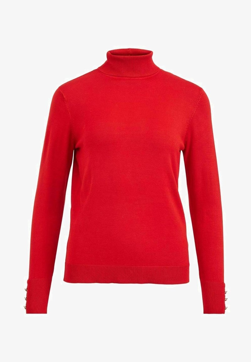 Pull à col roulé rouge en tissu tricoté doux. Comprend des manches longues avec des détails de boutons aux poignets et une coupe ajustée.
