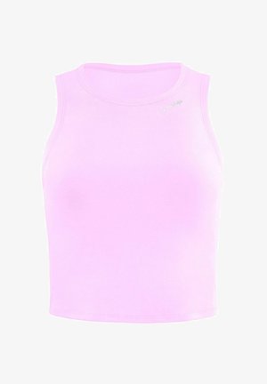 Różowa bezrękawnik z gładkiego materiału, z okrągłym dekoltem, dopasowanym krojem i małym srebrnym logo z przodu.