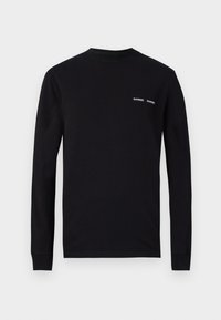 T-shirt nera a maniche lunghe in cotone, con collo rotondo e stampe bianche del logo "SAMSØE" su lato sinistro del petto.