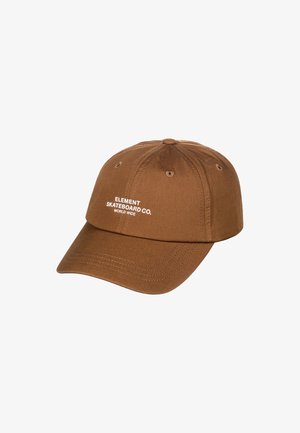 Brown cotton baseball cap with a rounded crown, embroidered "ELEMENT SKATEBOARD CO." logo in white, and a curved visor.