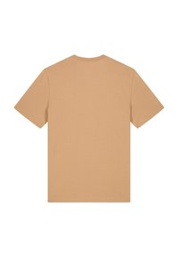 Beige katoenen t-shirt met een ronde halslijn en korte mouwen. De stof heeft een gladde textuur en een casual, ontspannen pasvorm.