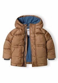Giacca a puffo marrone con cappuccio, con fodera in pile blu, polsini grigi e due tasche frontali. Texture liscia e trapuntata.