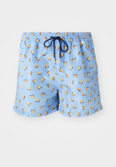 Mėlyni maudymosi šortai su pakartojančiu oranžiniu ir mėlynu raštu. Elastingas juosmuo su tamsiai mėlynu raiščiu ir sidabrinėmis galvutėmis. Lengva medžiaga.