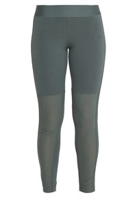 Leggings verde scuro, realizzati in tessuto elasticizzato. Presentano una vita alta e pannelli in rete lungo la parte inferiore delle gambe per una maggiore traspirabilità.