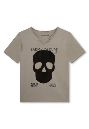 Grijze katoenen t-shirt met een grote zwarte schedelafbeelding en de tekst "KUNST IS WAARHEID." Het heeft een v-hals met decoratieve knopen.