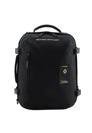 Black backpack made of durable fabric, featuring a top handle, adjustable straps, zippered compartments, and a tag indicating recyclable materials.