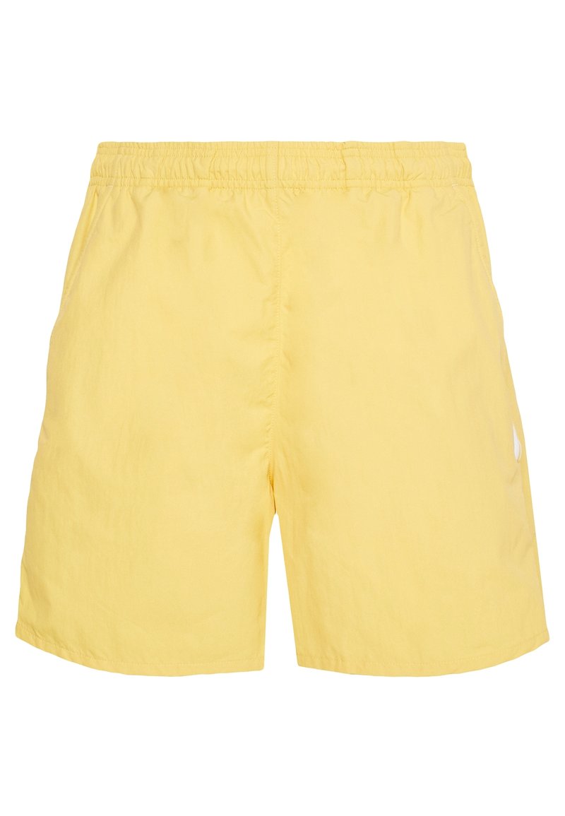 Yellow swim shorts with an elastic waistband, made of lightweight material. Features a simple design and a small white logo on one side.
