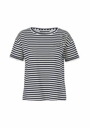Schwarz-weiß gestreiftes T-Shirt mit kurzen Ärmeln, Rundhalsausschnitt und kleinem dekorativem Logo nahe der linken Schulter.