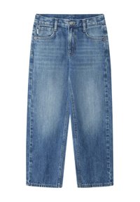 Jeans de mezclilla anchos de color azul claro, con corte recto, cierre de botón, cinco bolsillos y un ligero desgaste.