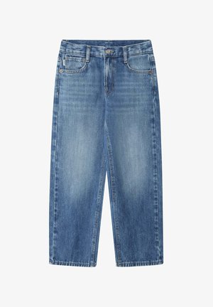 Svetlomodré denim nohavice s širokými nohavicami, s rovnými strihom, zapínaním na gombík, piatimi vreckami a jemným vyblednutím.