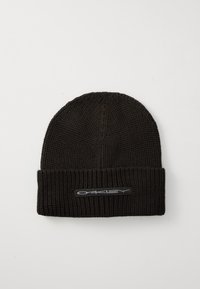 Black knitted beanie with a ribbed texture and a folded cuff, featuring a gray "Oakley" logo patch on the front.