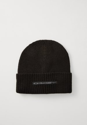 Black knitted beanie with a ribbed texture and a folded cuff, featuring a gray "Oakley" logo patch on the front.