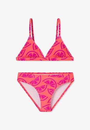 Pinkfarbener Bikini-Set mit einem Triangeltop und passenden Höschen, verziert mit einem lebhaften Zitrusscheibenmuster in violetten Tönen.
