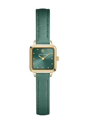 Kvadratna zlata ura z zelenim sončnim številčnico, zlati kazalci in markerji ter zelenim usnjenim paščkom znamke Pierre Lannier.