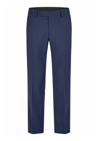 Marineblaue, maßgeschneiderte Hose mit geradem Schnitt, aus glattem Material. Mit einem einzelnen Knopfverschluss und Akzenten in den Gesäßtaschen.