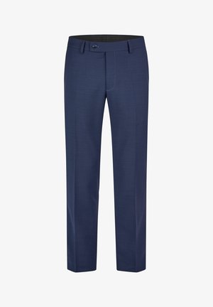 Navyblauwe op maat gemaakte broek met een rechte snit, gemaakt van een gladde stof. Voorzien van een enkele knoopsluiting en achterzakaccenten.