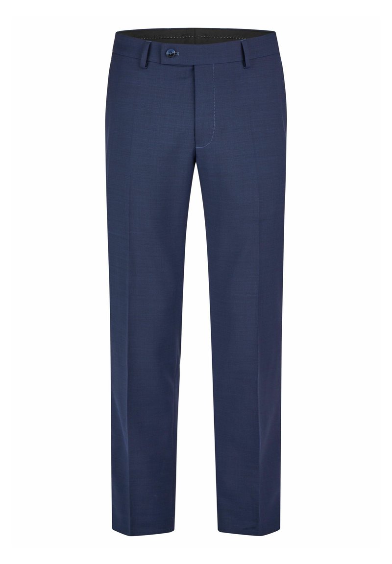 Marineblaue, maßgeschneiderte Hose mit geradem Schnitt, aus glattem Material. Mit einem einzelnen Knopfverschluss und Akzenten in den Gesäßtaschen.