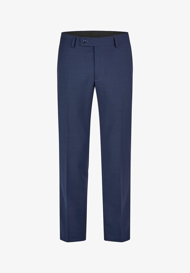 Marineblaue, maßgeschneiderte Hose mit geradem Schnitt, aus glattem Material. Mit einem einzelnen Knopfverschluss und Akzenten in den Gesäßtaschen.