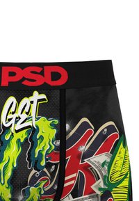 Boxeri negri cu talie roșie, având logo-ul "PSD". Materialul prezintă un design grafic îndrăzneț și colorat, cu detalii despre bani și monștri.