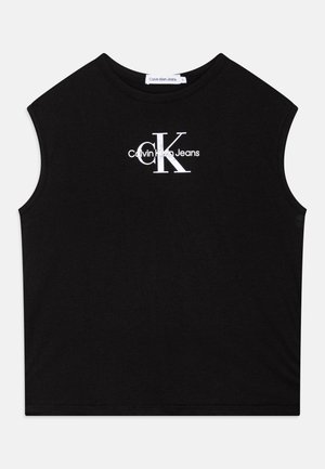 Czarny krótki top bez rękawów z białym logo "cK Calvin Klein Jeans" na środku klatki piersiowej, okrągły dekolt.