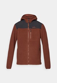 Veste en polaire marron avec une section supérieure noire. Équipée d'une fermeture éclair à l'avant, d'une capuche et d'une poche poitrine. Texture douce et design chaud.