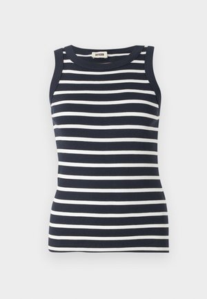 Marineblauwe en witte gestreepte tanktop van ribstof, met een ronde halslijn en mouwloos ontwerp.