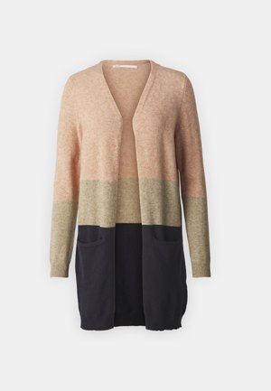 Cardigan en tricot avec un design dégradé en pêche, vert et marine, à devant ouvert, manches longues et deux poches avant.
