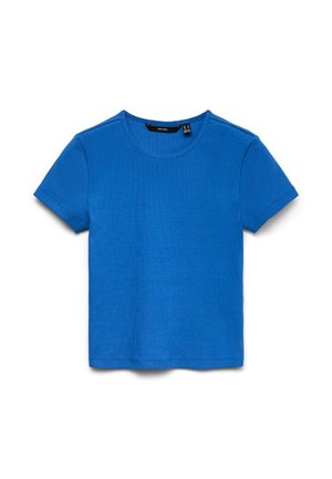 T-shirt blu a maniche corte in maglia costina con scollo rotondo, distesa su uno sfondo bianco.
