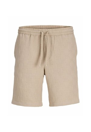 Pantalones cortos beige con estampado, cintura elástica y cordón. La tela texturizada presenta un diseño tejido en toda su superficie.