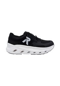 Sneaker atletica nera con suola spessa e bianca e un grande logo stilizzato "R" sul lato.