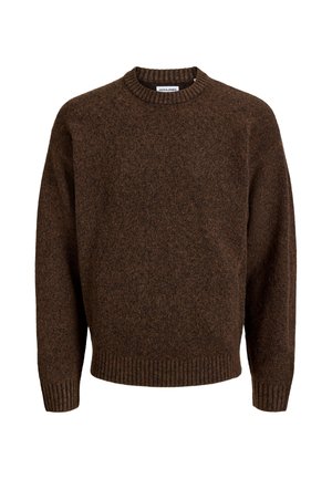 Pull tricoté marron à manches longues avec col rond, poignets et ourlet côtelés, étiqueté JACK & JONES.