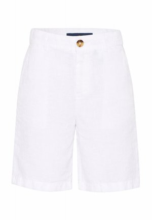 Białe spodenki za kolano z zapięciem na guzik, szlufkami i gładkim wzorem na białym tle.