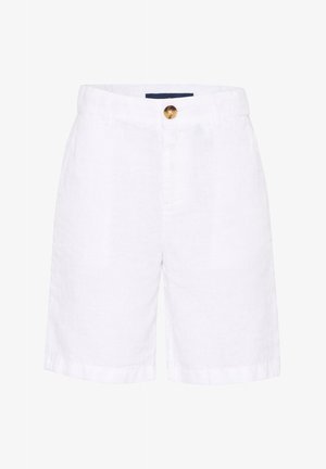 Pantaloncini bianchi fino al ginocchio con chiusura a bottone, passanti per cintura e design semplice su sfondo bianco.