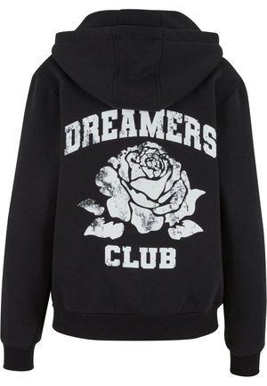 Black hoodie with a large white rose graphic and "DREAMERS CLUB" text on the back. Features a drawstring hood and ribbed cuffs.