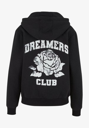 Melna kapuce ar lielu baltu rozes grafiku un tekstu "DREAMERS CLUB" aizmugurē. Iespējama kapuce ar virvi un ribota aproce.