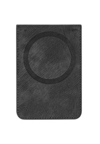 Black leather cardholder featuring a textured surface and a prominent circular design on the front. Stitched edges for durability.