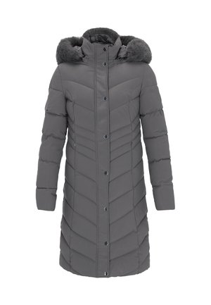 Palton gri de iarnă cu glugă, cu un detaliu din blană artificială, design cusut vertical, botoane cu capsenă și buzunare laterale. Material neted și captusit.