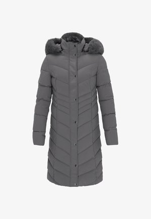 Grijze winterjas met een capuchon, voorzien van een nepbont rand, verticale gestikte ontwerpen, drukknoopsluiting en zijzakken. Glad, gewatteerd materiaal.